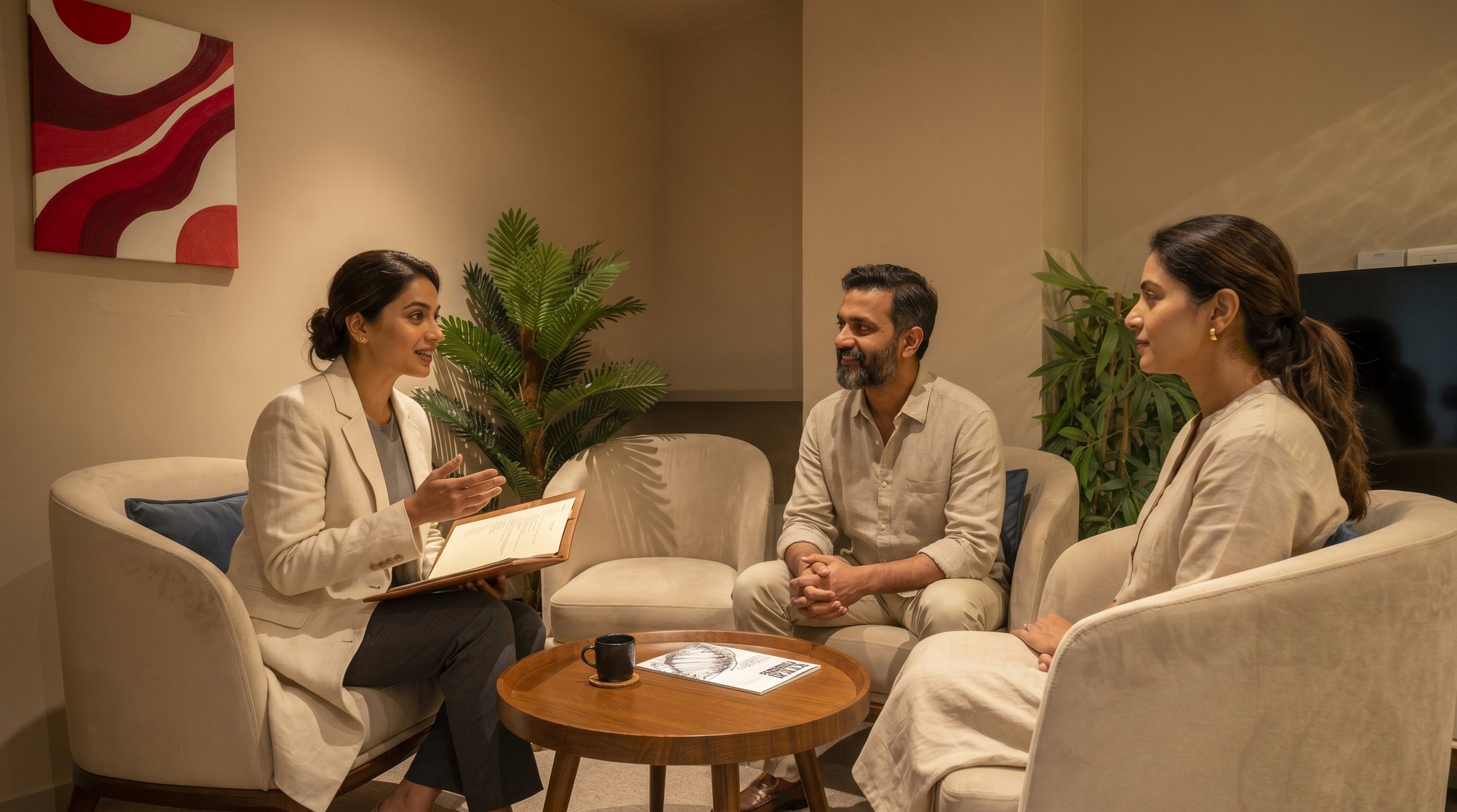 Hero, Book Consultation, real consultation moment at the centre, Indian clinician with two guests