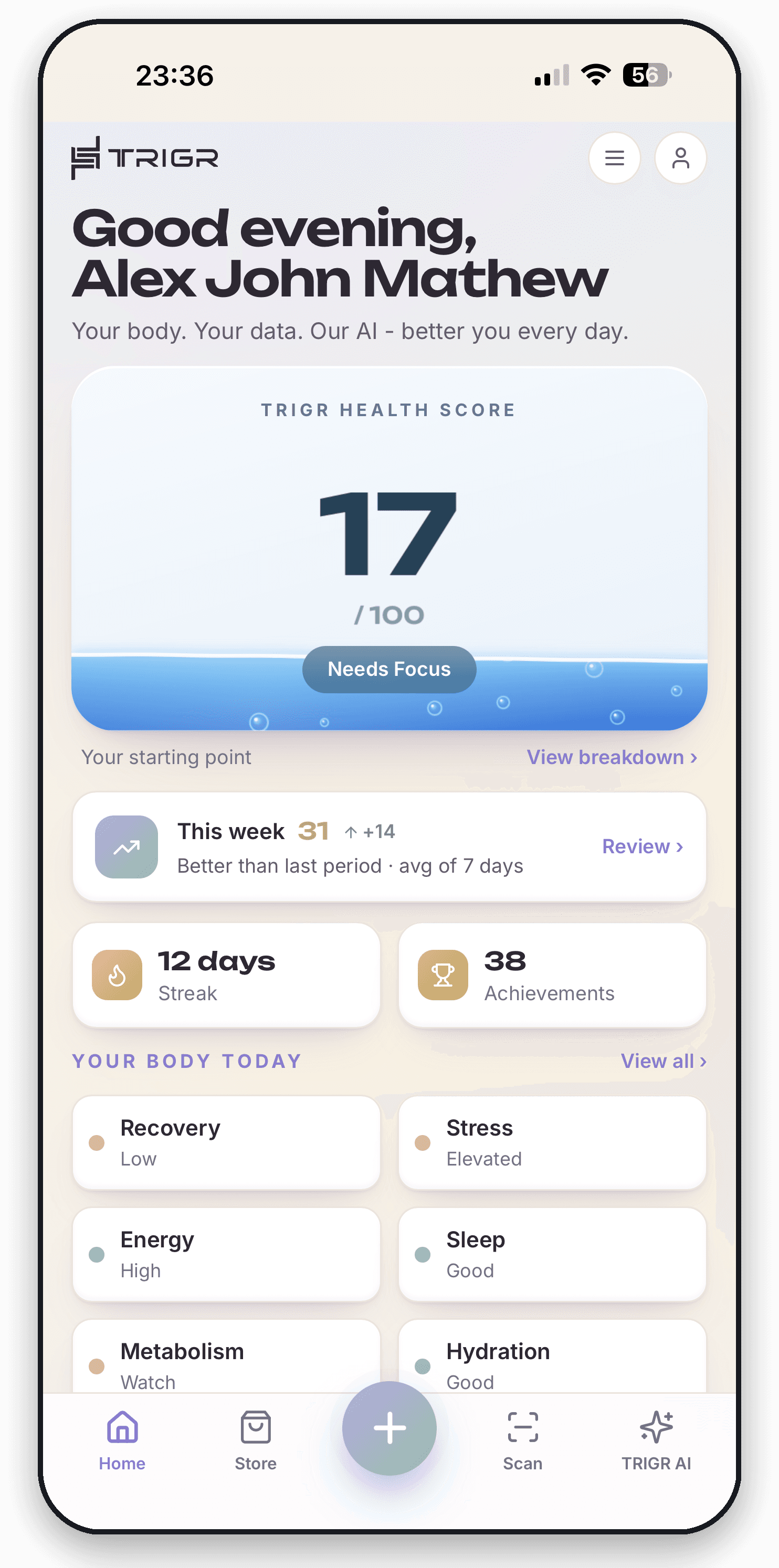 TRIGR Super App, mobile screen mockup showing health matrices