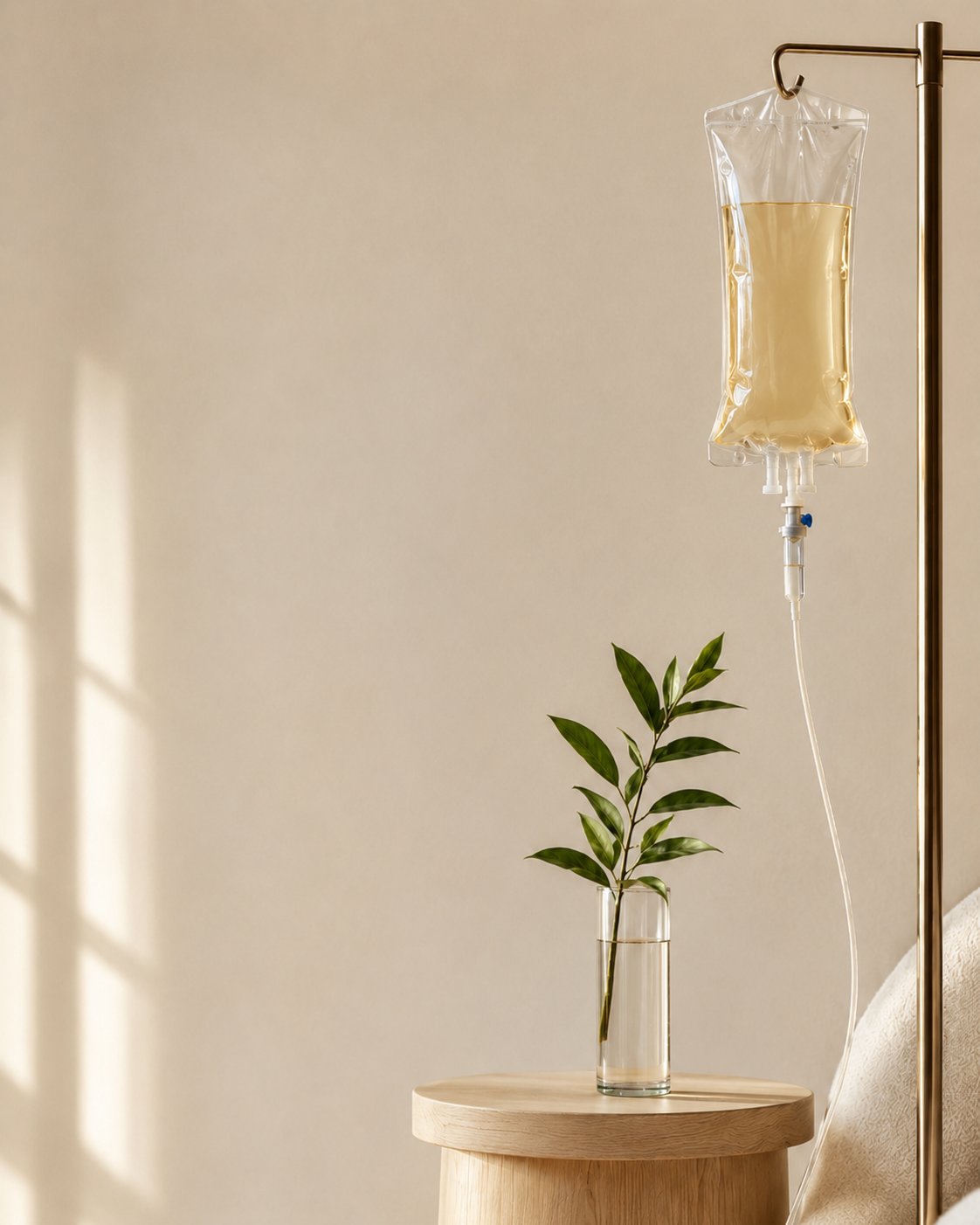 IV drip hero, soft clinical setting with warm light