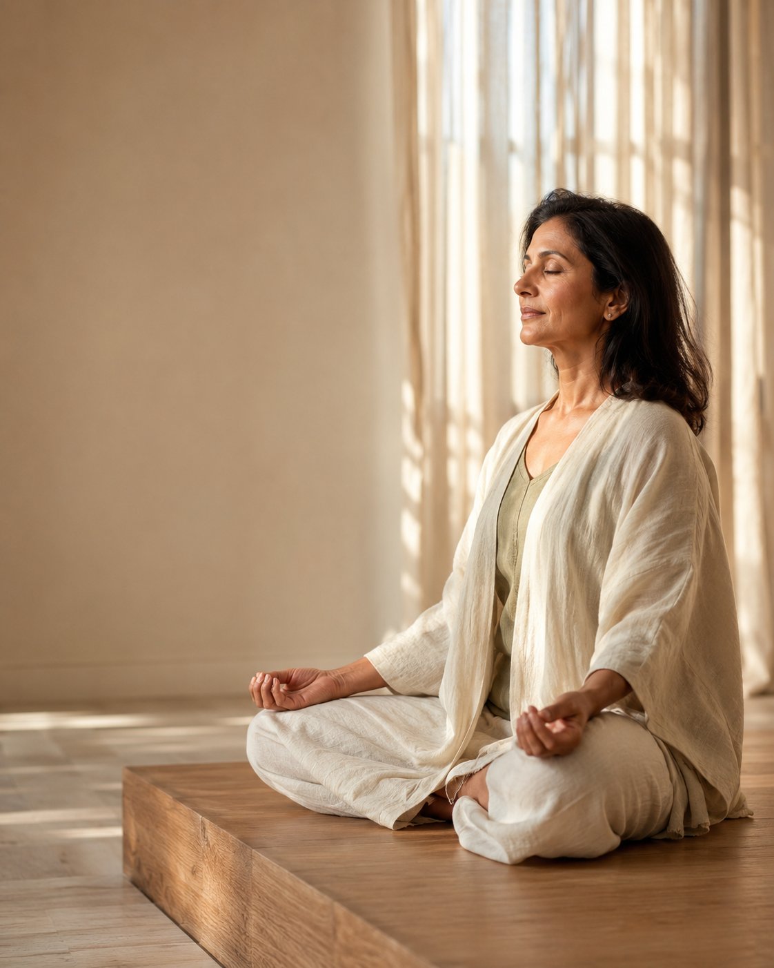 Hero, woman meditating, soft sunrise light